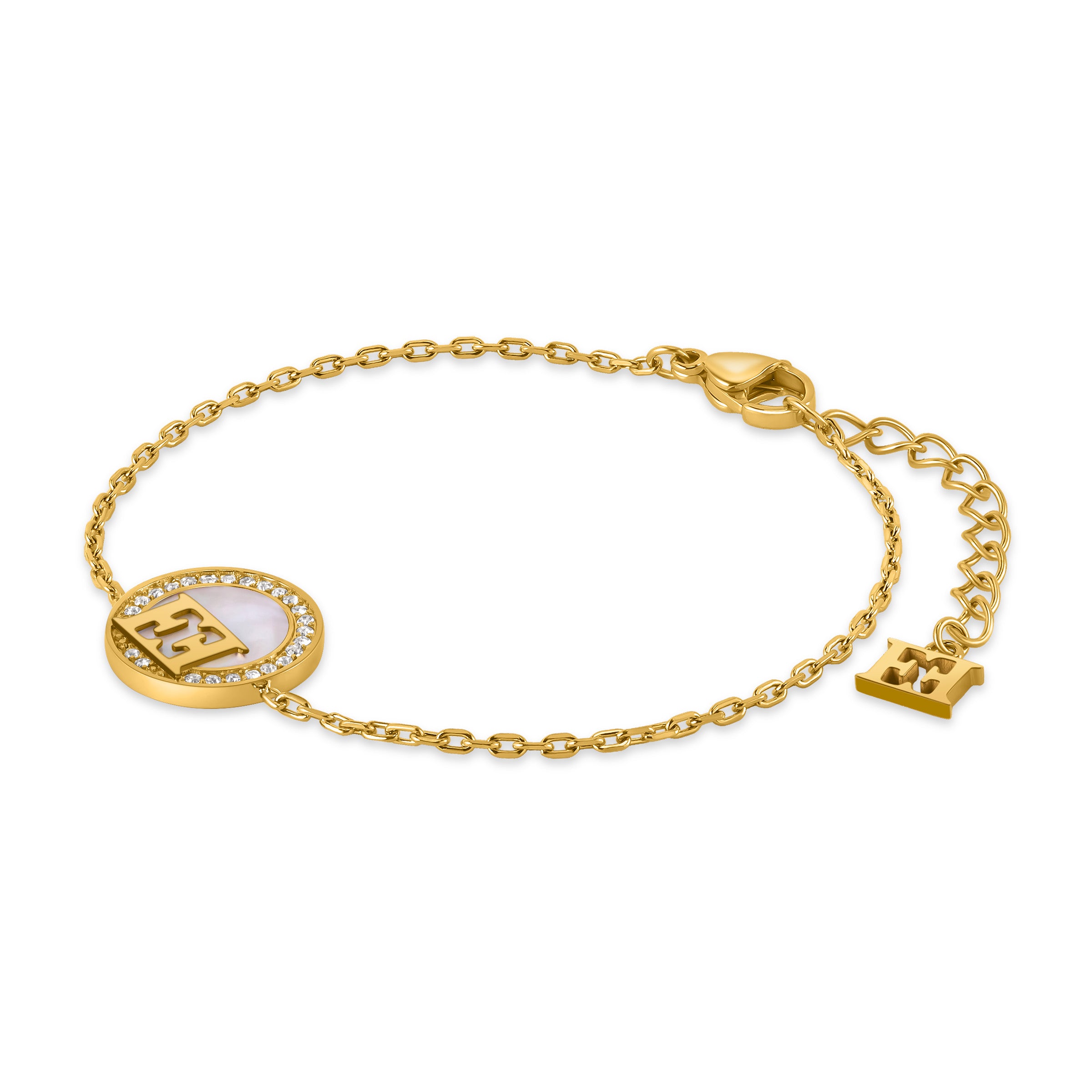 Escada Hannah women's gold-tone bracelet with mother-of-pearl centerpiece, clear crystals and signature logo detail