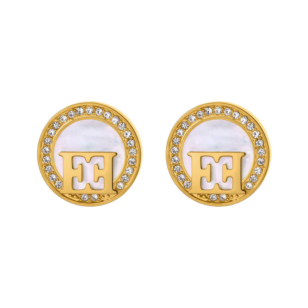 Escada Hannah women's gold-tone round earrings with mother-of-pearl centers, clear crystal accents and signature logo