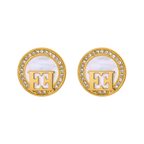 Escada Hannah women's gold-tone round earrings with mother-of-pearl centers, clear crystal accents and signature logo