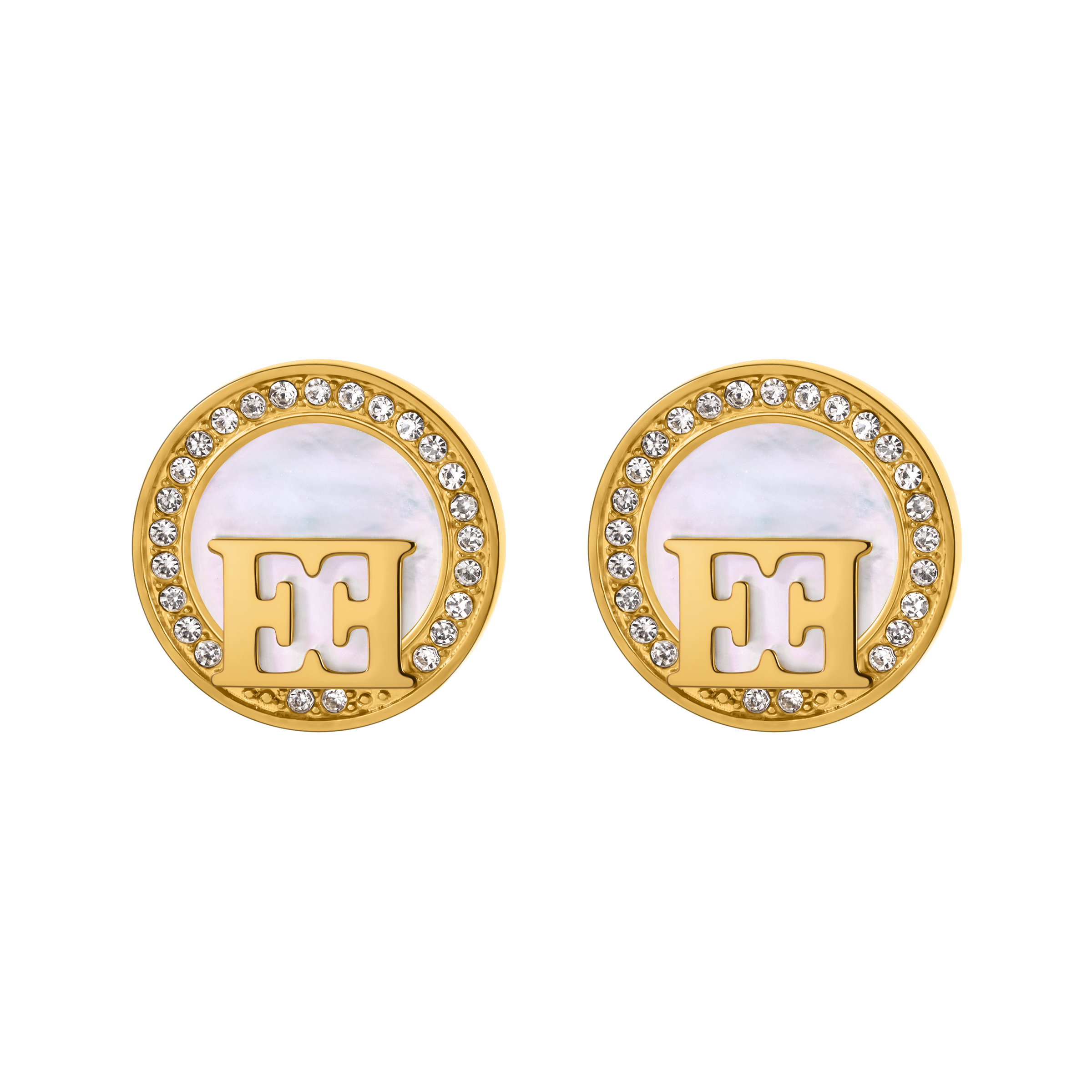 Escada Hannah women's gold-tone round earrings with mother-of-pearl centers, clear crystal accents and signature logo