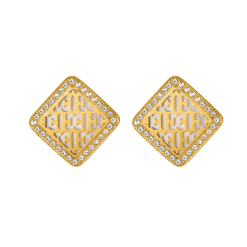 Escada Linda women’s gold-tone diamond-shaped earrings with mother-of-pearl logo motif and crystal accents