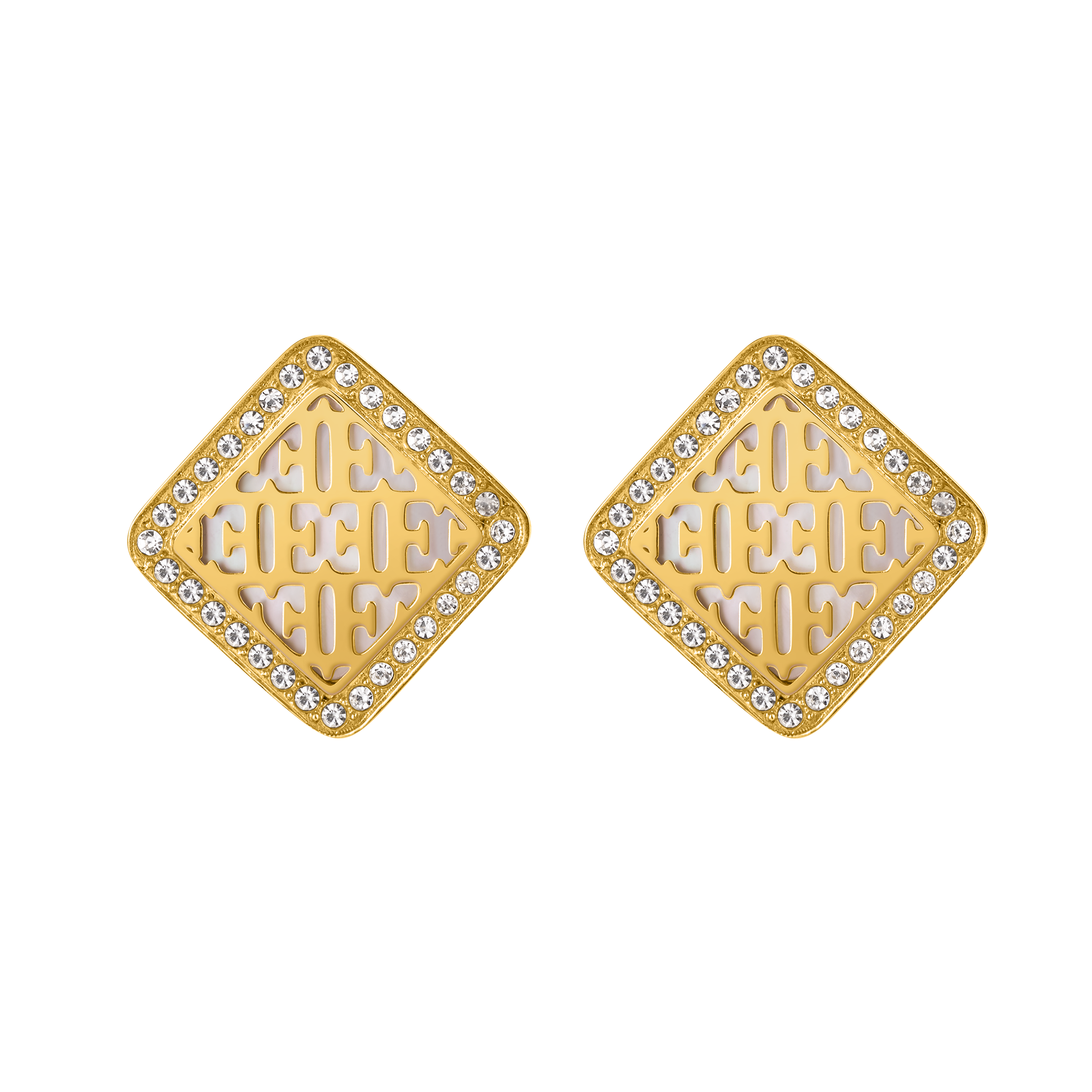 Escada Linda women’s gold-tone diamond-shaped earrings with mother-of-pearl logo motif and crystal accents