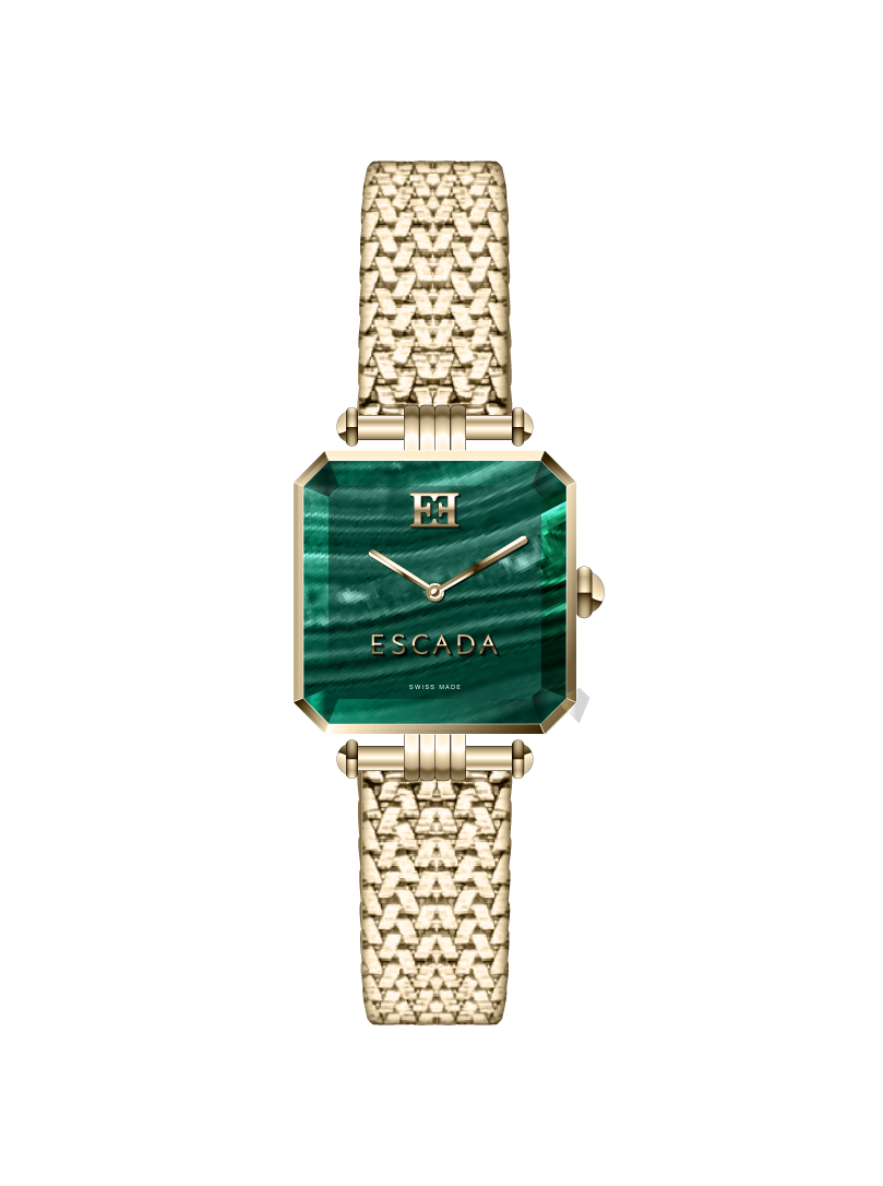 Escada women's malachite dial watch gold plated mesh bracelet square luxury timepiece Paris Gallery Qatar Exclusive Online