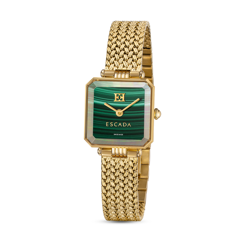Escada women's malachite dial watch gold plated mesh bracelet square luxury timepiece Paris Gallery Qatar Exclusive Online