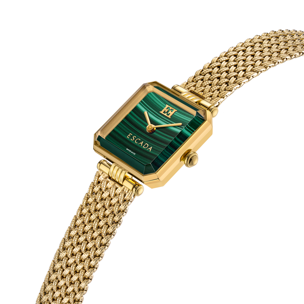 Escada women's malachite dial watch gold plated mesh bracelet square luxury timepiece Paris Gallery Qatar Exclusive Online