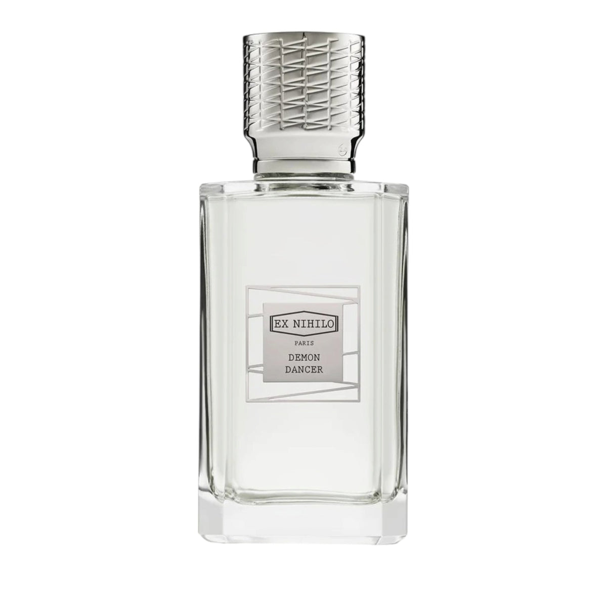 Clear rectangular glass perfume bottle with a light liquid and a silver-toned textured cap, featuring a white and grey label. Main image