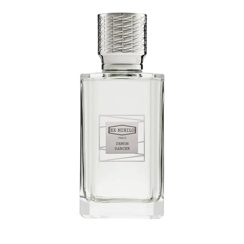 Clear rectangular glass perfume bottle with a light liquid and a silver-toned textured cap, featuring a white and grey label.