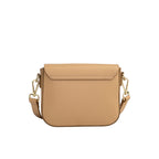 Tan grained leather crossbody bag with a flap closure, visible stitching, and an adjustable strap with gold-toned clasps.