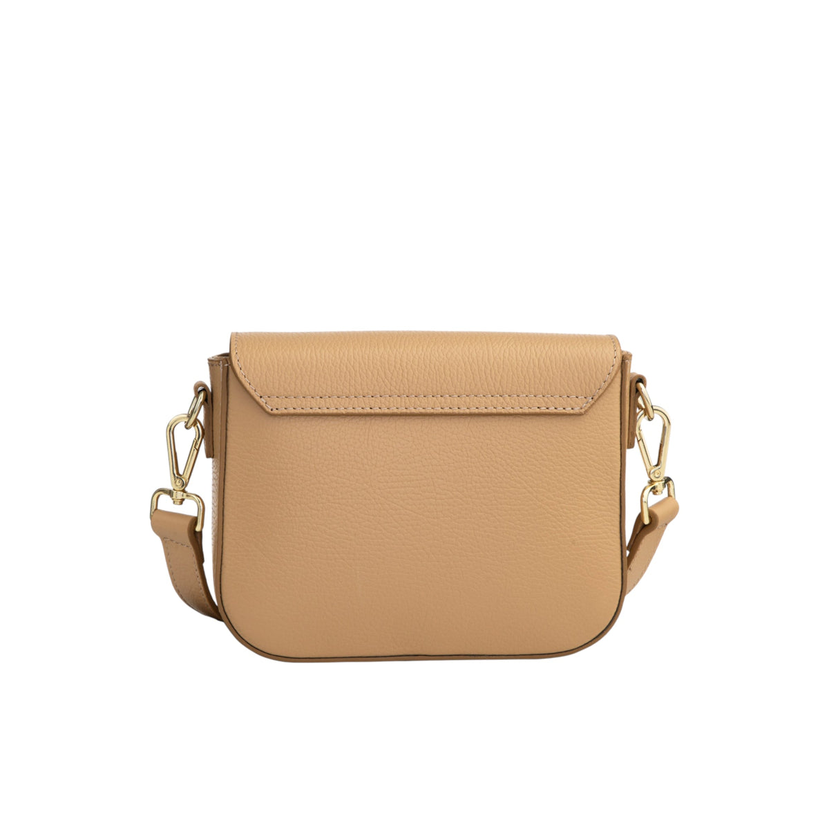 Tan grained leather crossbody bag with a flap closure, visible stitching, and an adjustable strap with gold-toned clasps.