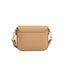 Tan grained leather crossbody bag with a flap closure, visible stitching, and an adjustable strap with gold-toned clasps.