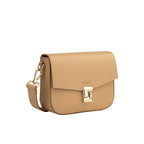 Tan pebbled leather crossbody bag with a flap closure, gold-toned turn-lock clasp, and adjustable strap with gold-toned hardw