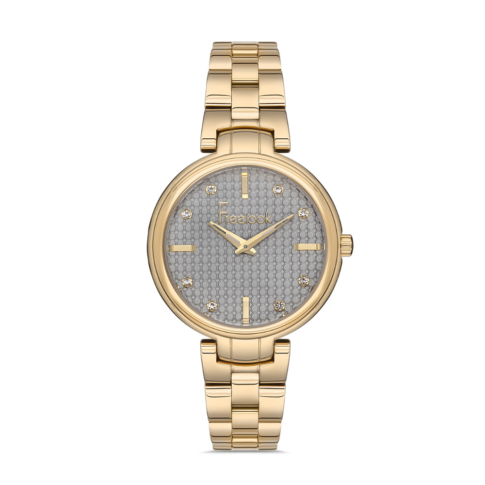 FREELOOK women's gold-tone stainless steel watch featuring a cool grey textured dial and crystal hour markers