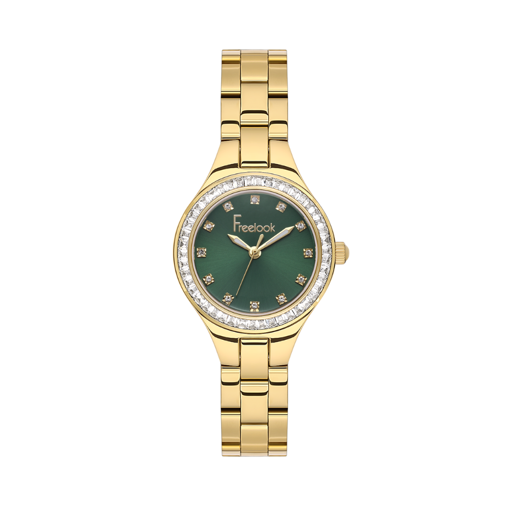 FREELOOK women's gold-tone stainless steel watch with dark green sunray dial, crystal-set hour markers, and crystal bezel.