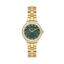 FREELOOK women's gold-tone stainless steel watch with dark green sunray dial, crystal-set hour markers, and crystal bezel.