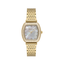 FREELOOK women's gold-tone stainless steel watch featuring a white mother-of-pearl dial, crystal hour markers, and a crystal-set bezel.