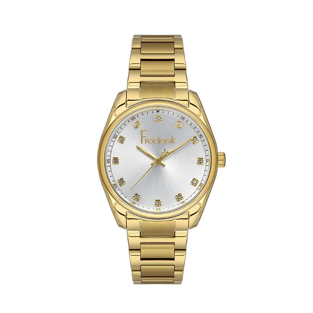 FREELOOK women's gold-tone stainless steel watch featuring a silver sunray dial with crystal-set hour markers and gold-tone bracelet.