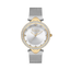 FREELOOK women's crystal watch with gold-tone case, silver dial, and silver mesh bracelet