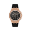 FREELOOK women's rose gold-tone multifunction watch with black textured dial, crystal-set bezel, date display, and black silicone strap.