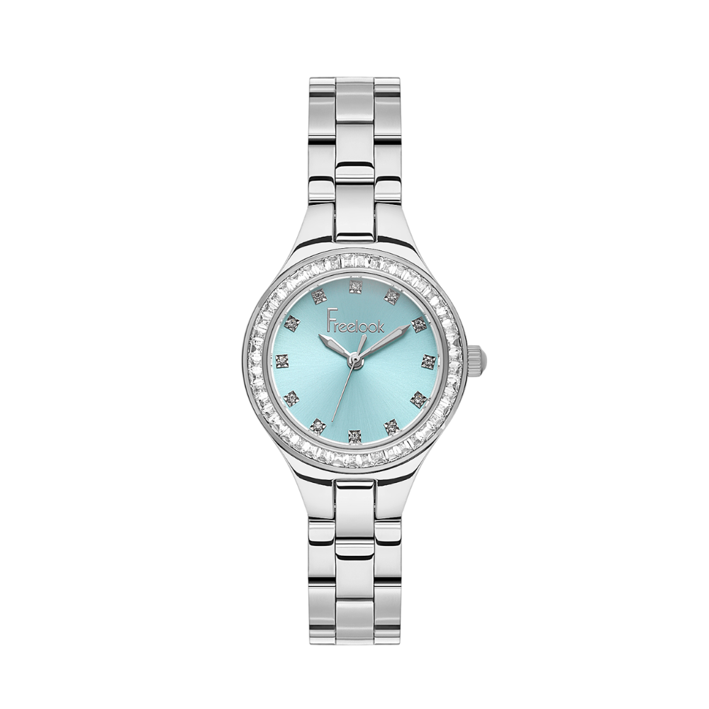 FREELOOK women's silver-tone stainless steel watch featuring an ice blue dial, crystal hour markers, and crystal-set bezel.