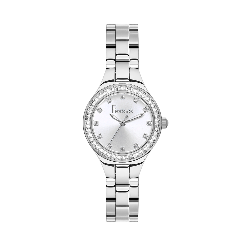 FREELOOK women's silver-tone stainless steel watch featuring a silver dial, crystal hour markers, and a crystal-set bezel.
