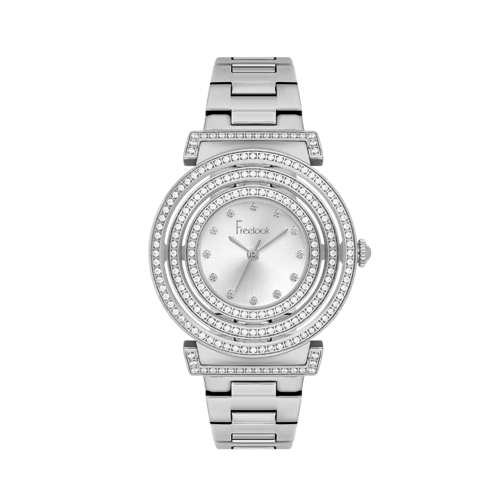 FREELOOK women's silver-tone bracelet watch featuring a silver dial, crystal-set hour markers, and multi-row crystal pavé bezel.