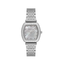 FREELOOK women's silver-tone stainless steel watch featuring a white mother-of-pearl dial, crystal hour markers, and a crystal-set tonneau bezel.