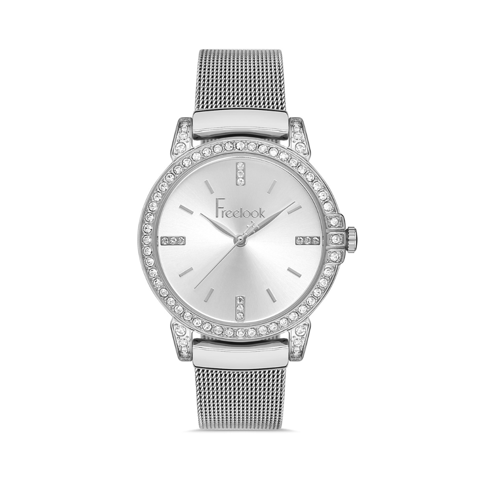 FREELOOK women's silver mesh bracelet watch with crystal bezel, crystal accents, and silver dial Main image