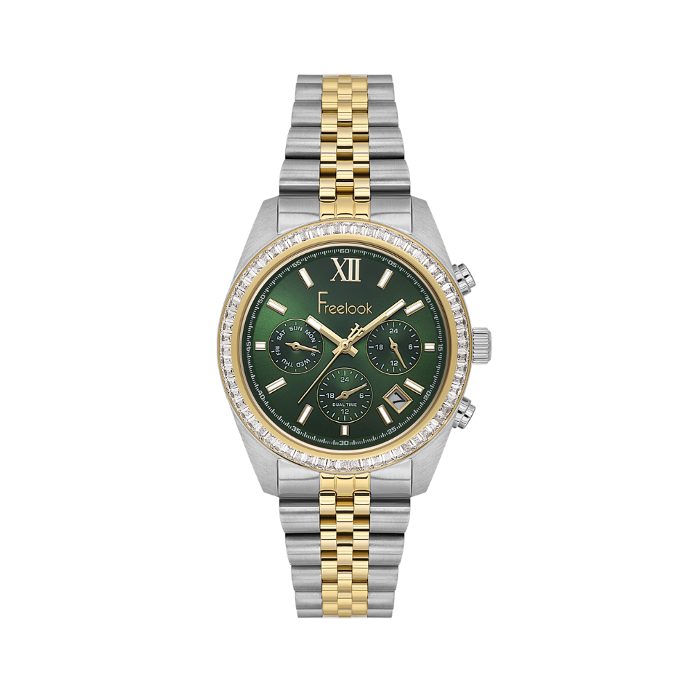 FREELOOK women's two-tone silver and gold multifunction watch featuring a green dial, crystal bezel, date display, and multifunction sub-dials.