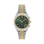FREELOOK women's two-tone silver and gold multifunction watch featuring a green dial, crystal bezel, date display, and multifunction sub-dials.