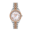FREELOOK women's watch with white mother-of-pearl dial, crystal-set rose gold bezel, and two-tone rose gold and silver stainless steel bracelet.