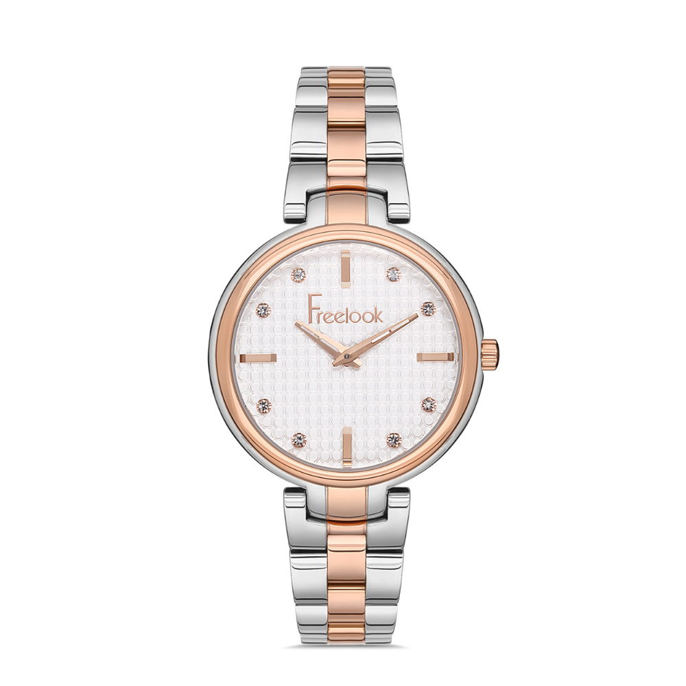 FREELOOK women's two-tone rose gold and silver stainless steel bracelet watch with silver crystal dial Main image