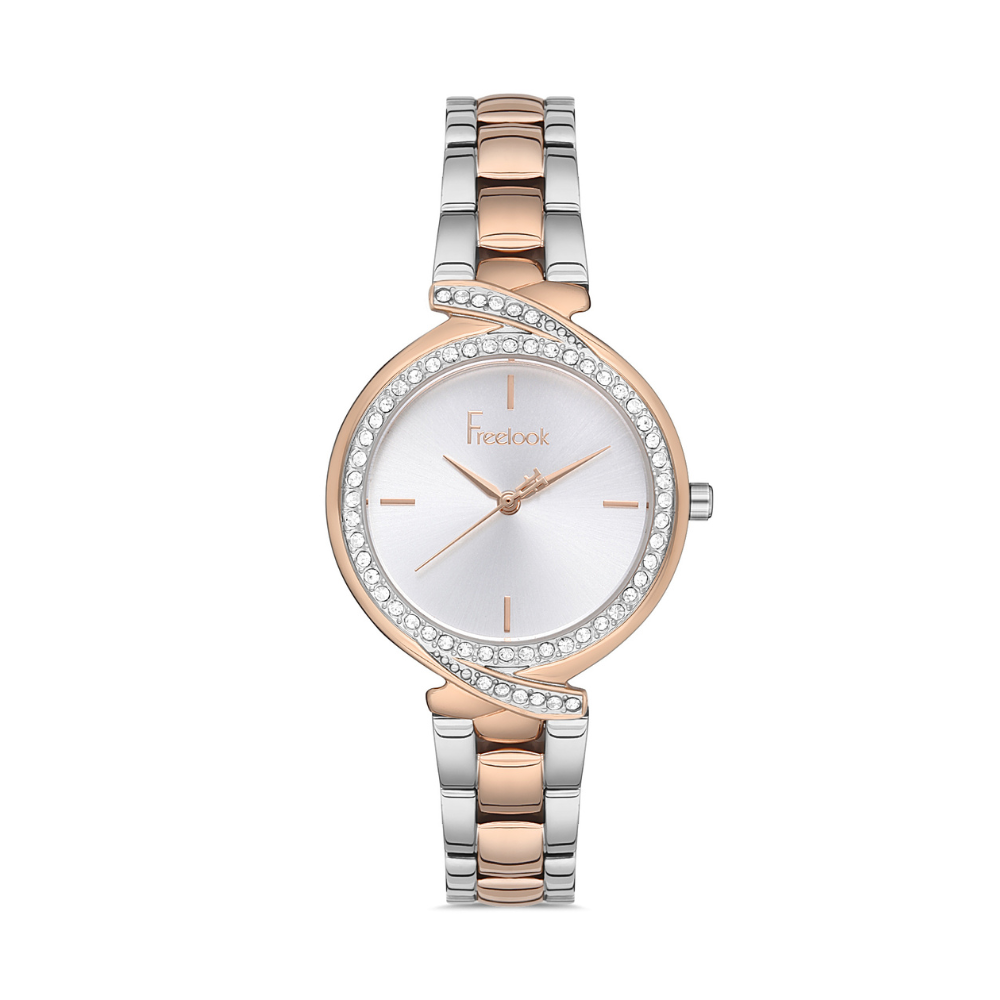 FREELOOK women's two-tone rose gold and silver stainless steel watch with silver dial and crystal bezel Main image