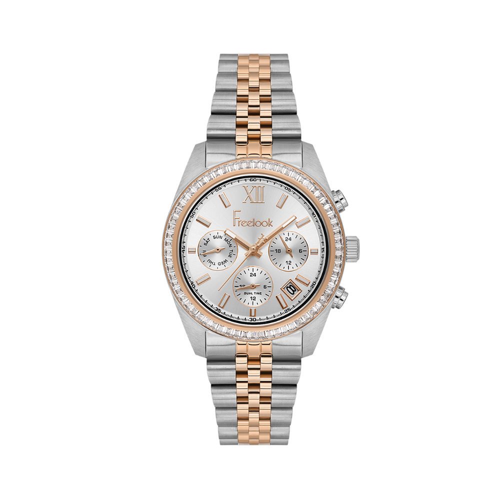 FREELOOK women's two-tone rose gold and silver multifunction watch with crystal bezel, silver dial, sub-dials, and date display.