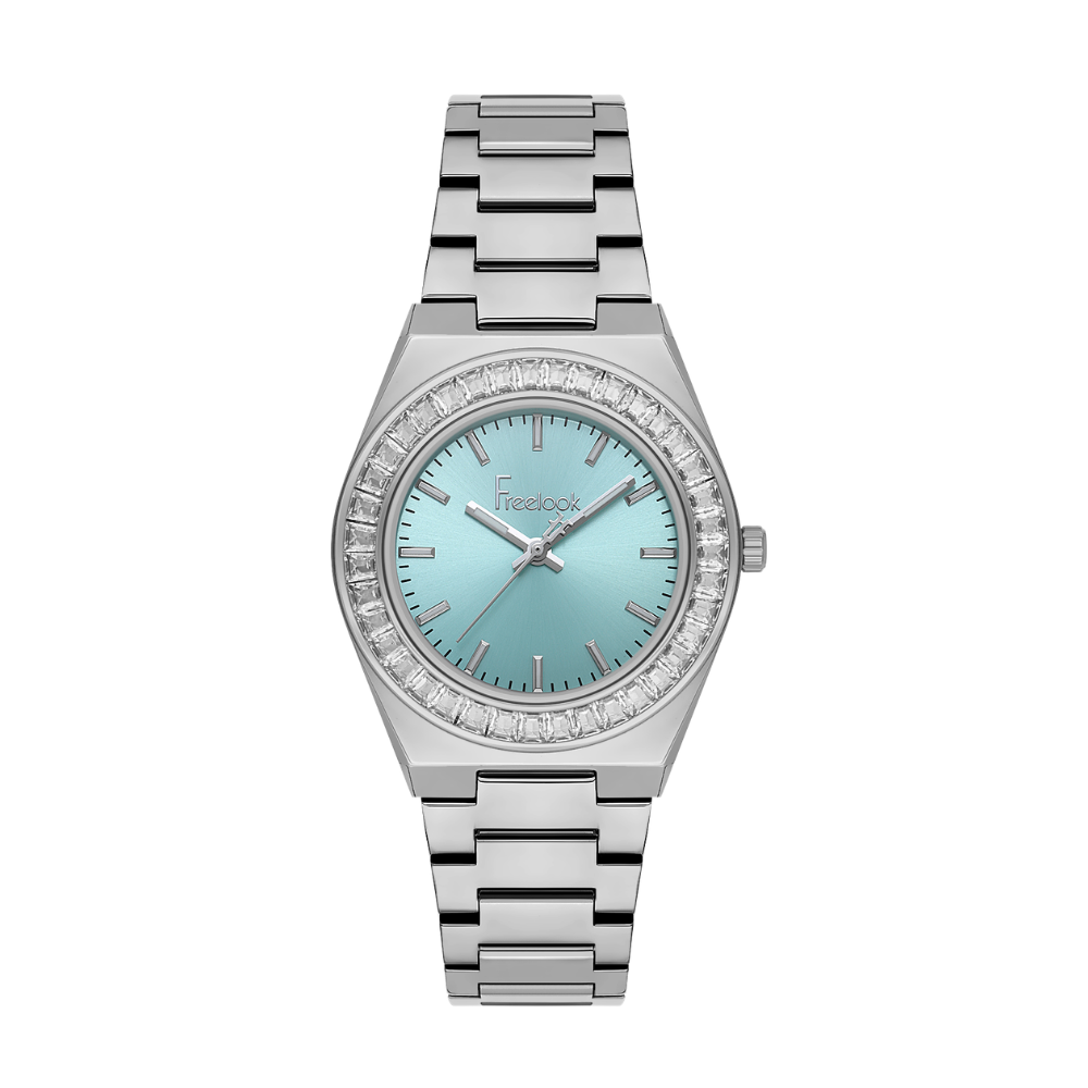 Freelook women's stainless steel watch featuring a blue dial and polished bracelet