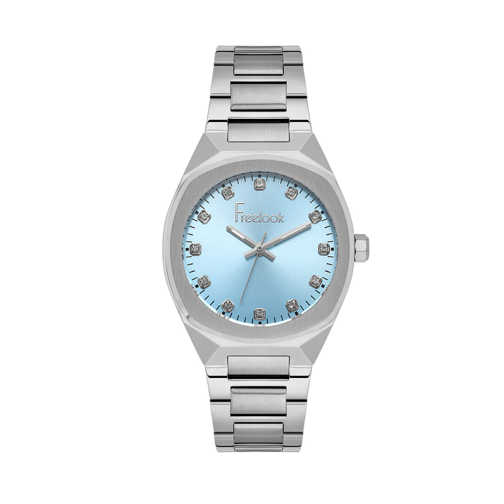 Freelook women's watch featuring a blue dial and stainless steel bracelet