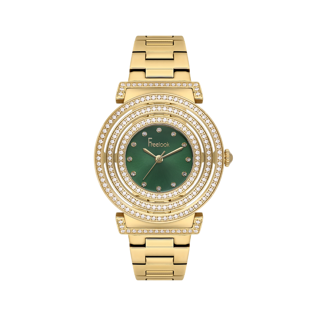 Freelook women's watch featuring a dark green dial and gold-tone stainless steel bracelet