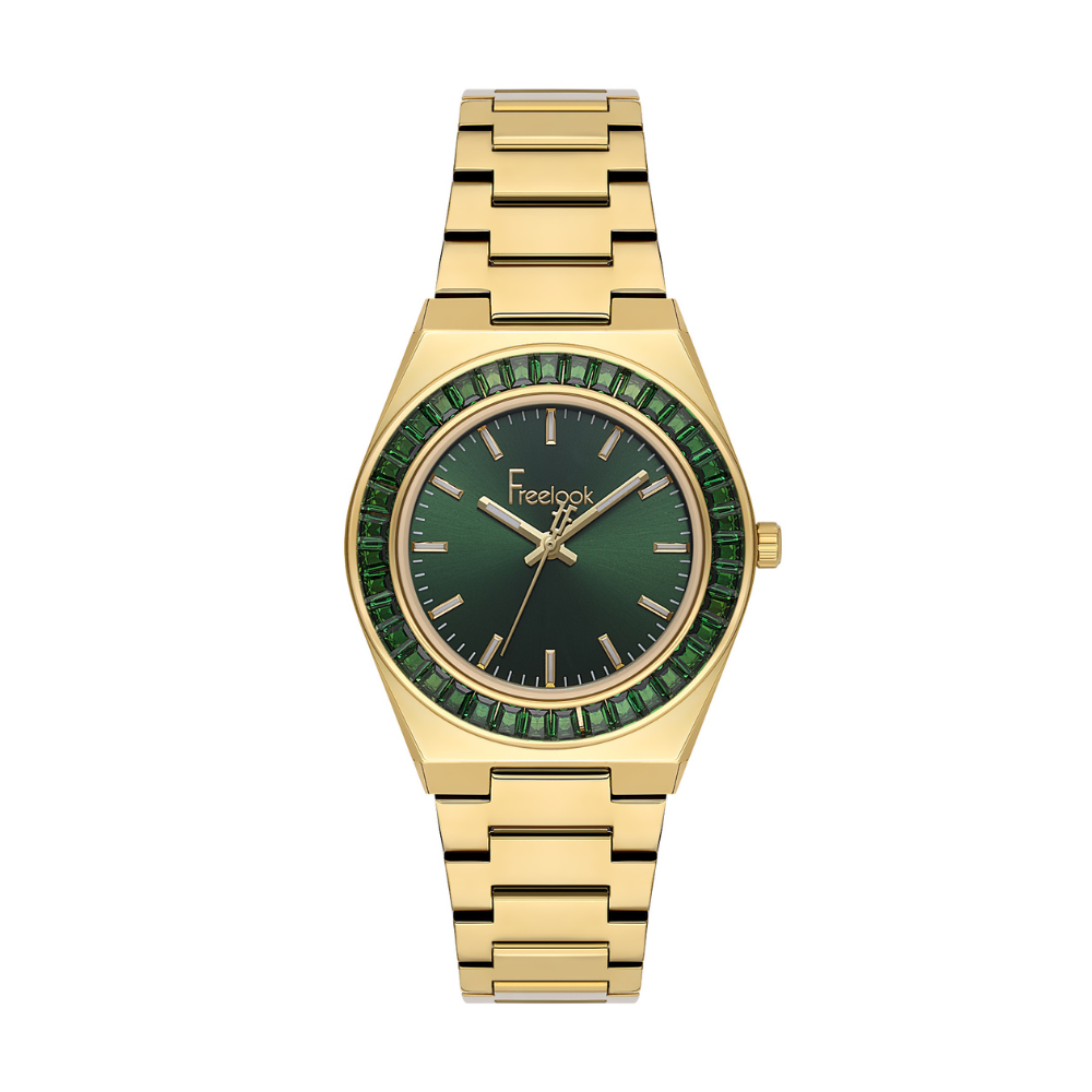 Freelook women's watch featuring a dark green dial and gold-tone stainless steel bracelet