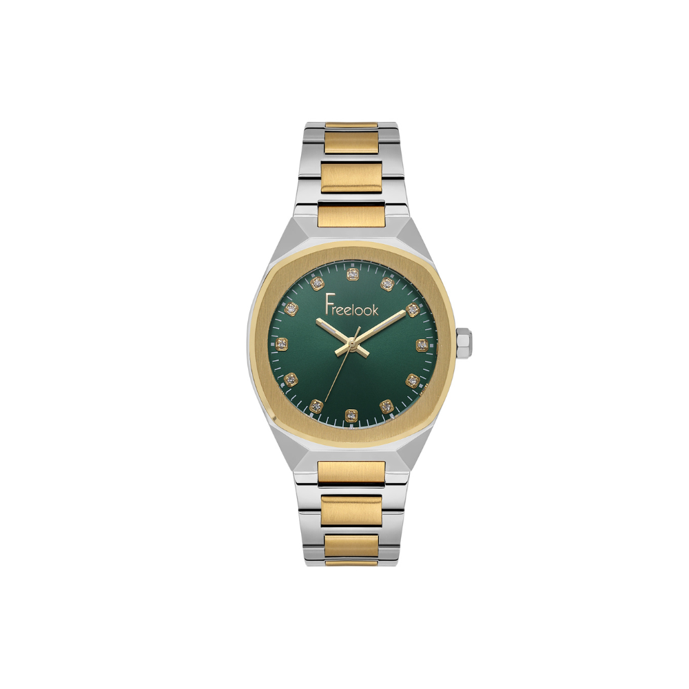 Freelook dark green dial two-tone stainless steel wristwatch with elegant bracelet design