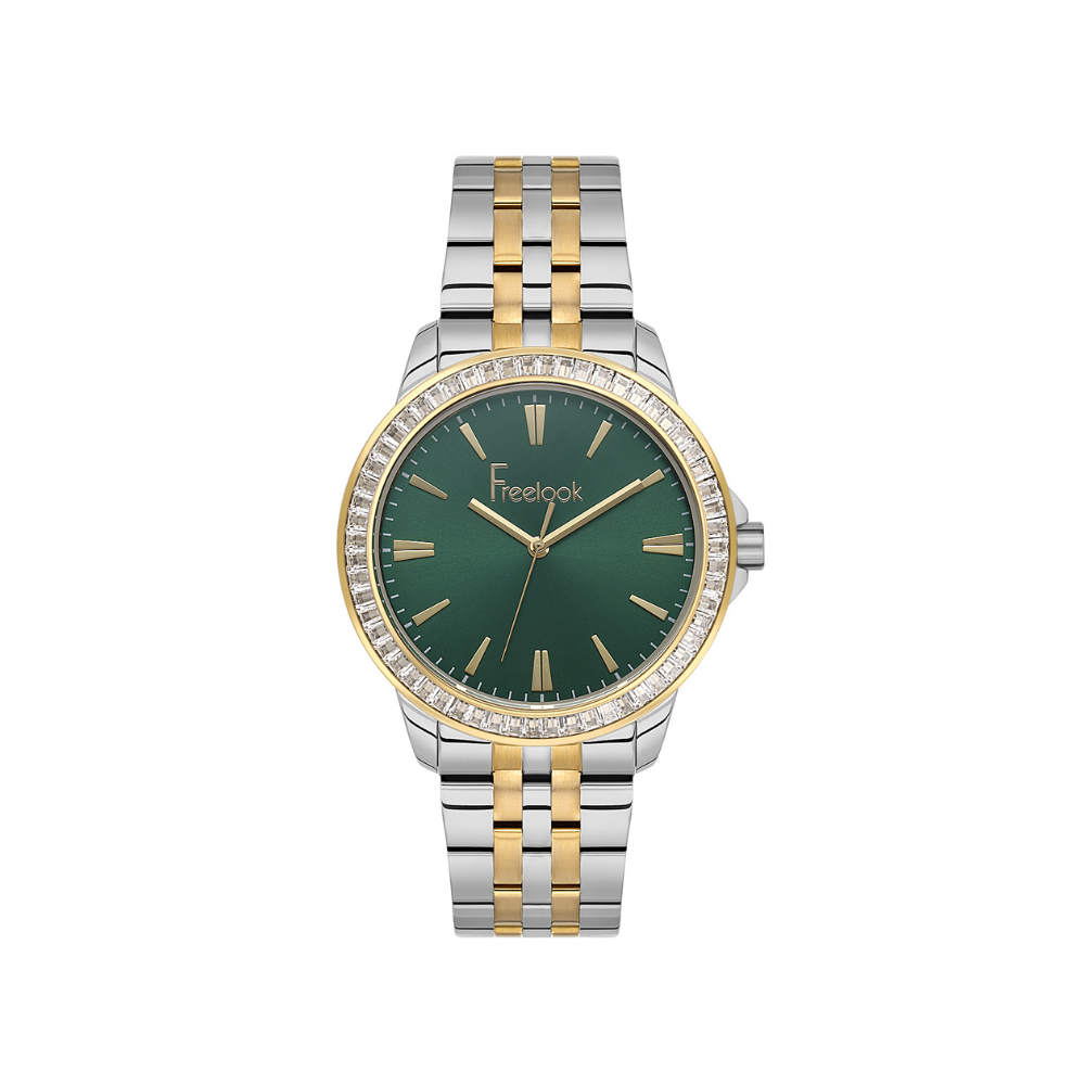 Freelook women's watch featuring a dark green dial and two-tone stainless steel bracelet