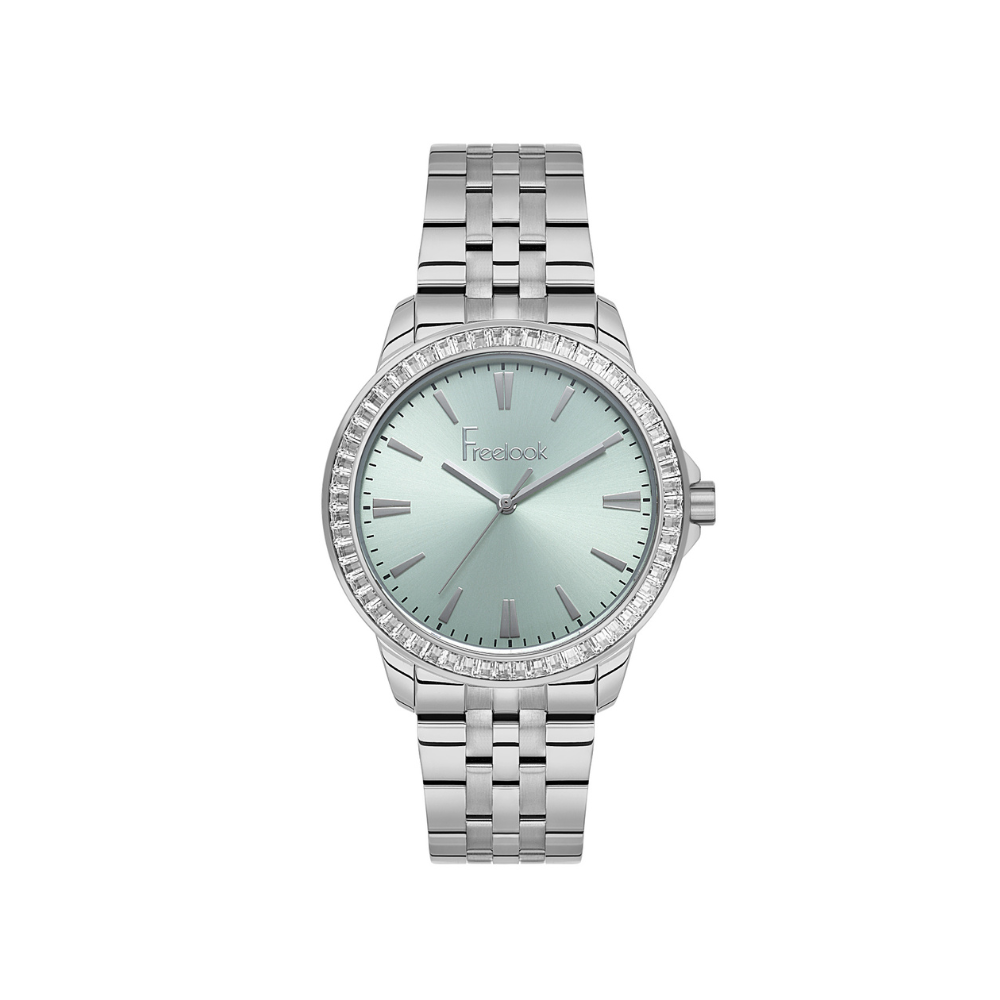 Freelook women's watch featuring a green dial and stainless steel bracelet