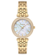 A direct front-facing studio shot of the Freelook Paris Lumière women's watch on a black background, showcasing the fully polished ion-plated gold link bracelet, the double-row crystal-set bezel, and the iridescent white mother-of-pearl dial.