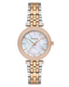 A direct front-facing studio shot of the Freelook Paris Lumière women's watch on a black background, showcasing the vibrant silver, yellow gold, and rose gold three-tone link bracelet, the double-row crystal bezel, and the iridescent white mother-of-pearl dial.