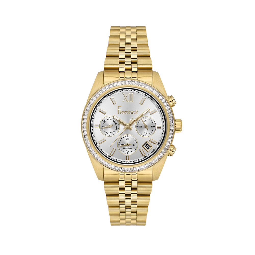 Freelook silver dial gold-tone stainless steel wristwatch with elegant bracelet design
