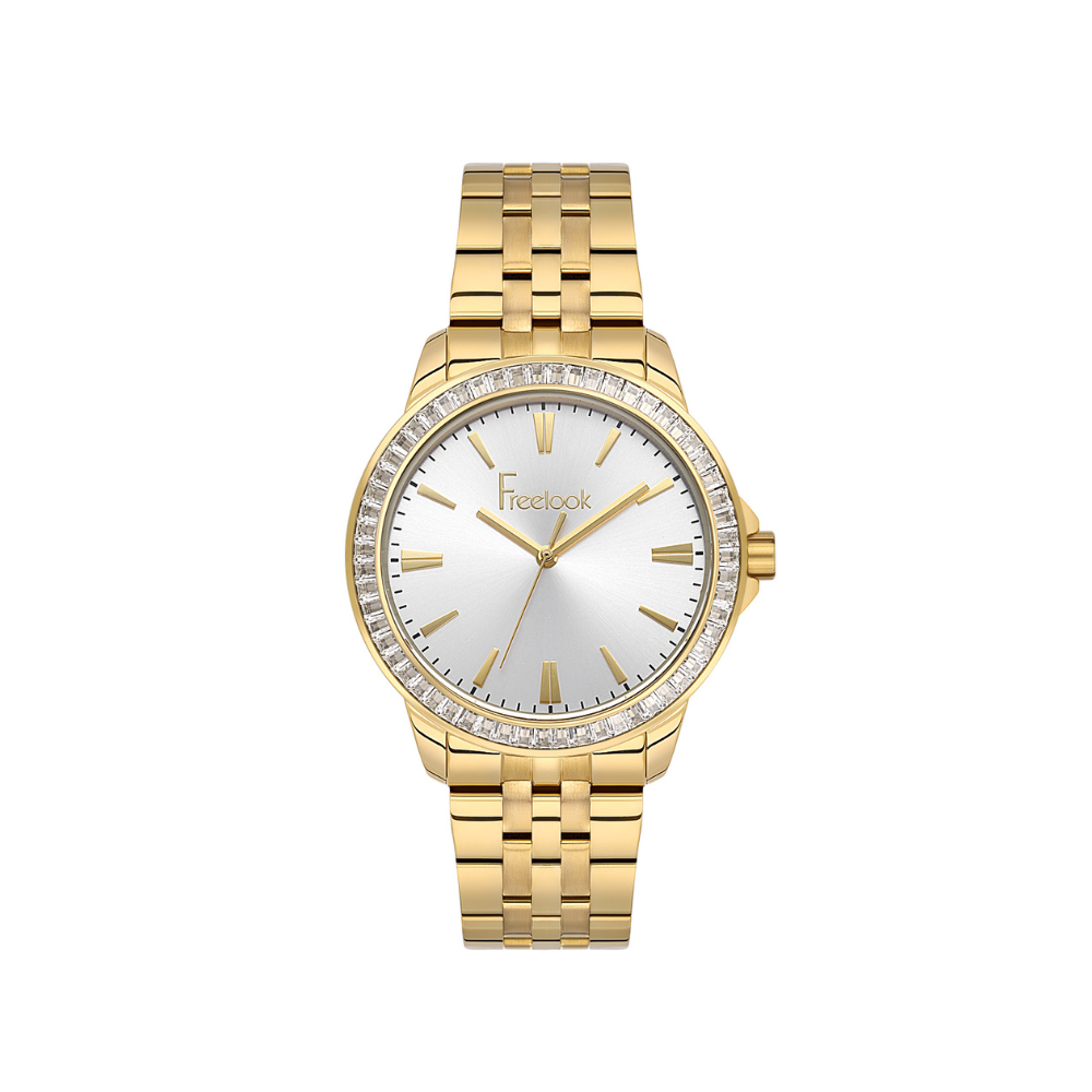 Freelook women's watch featuring a silver dial and gold-tone stainless steel bracelet