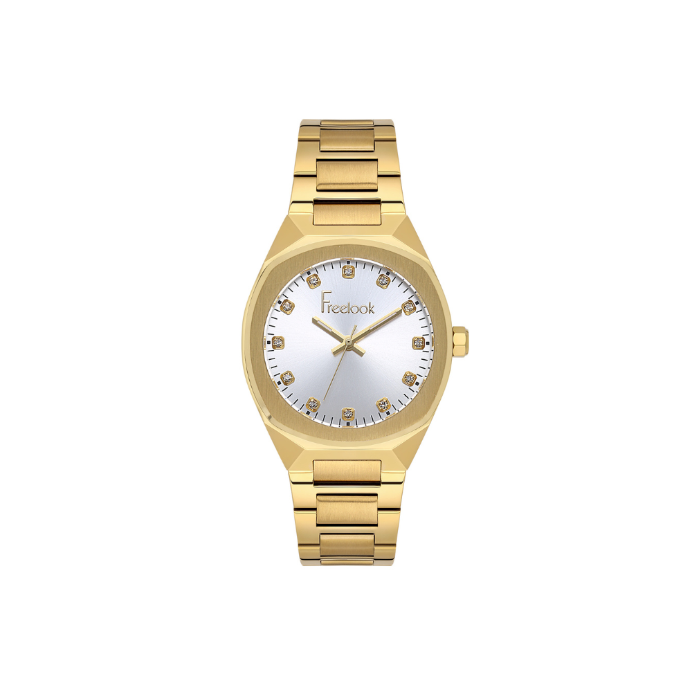 Freelook women's watch featuring a silver dial and gold-tone stainless steel bracelet