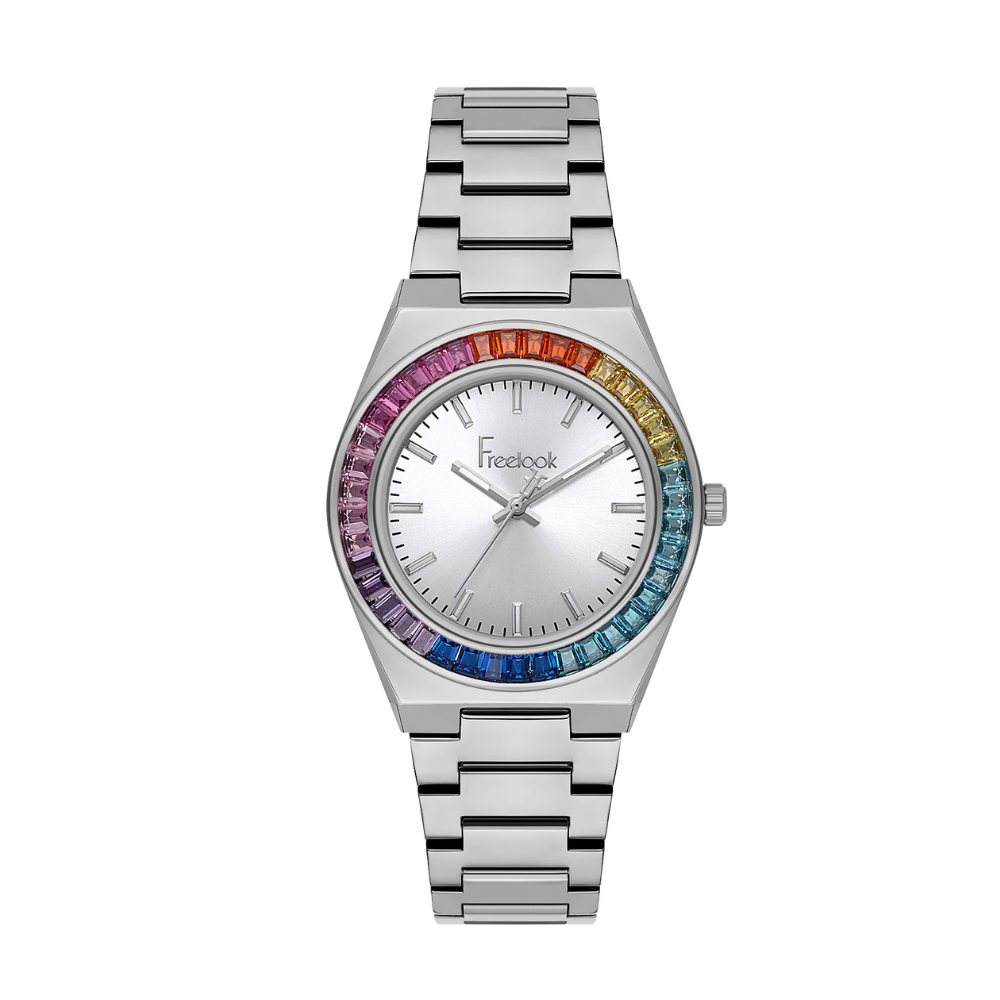 Freelook women's stainless steel watch featuring a silver dial and polished bracelet