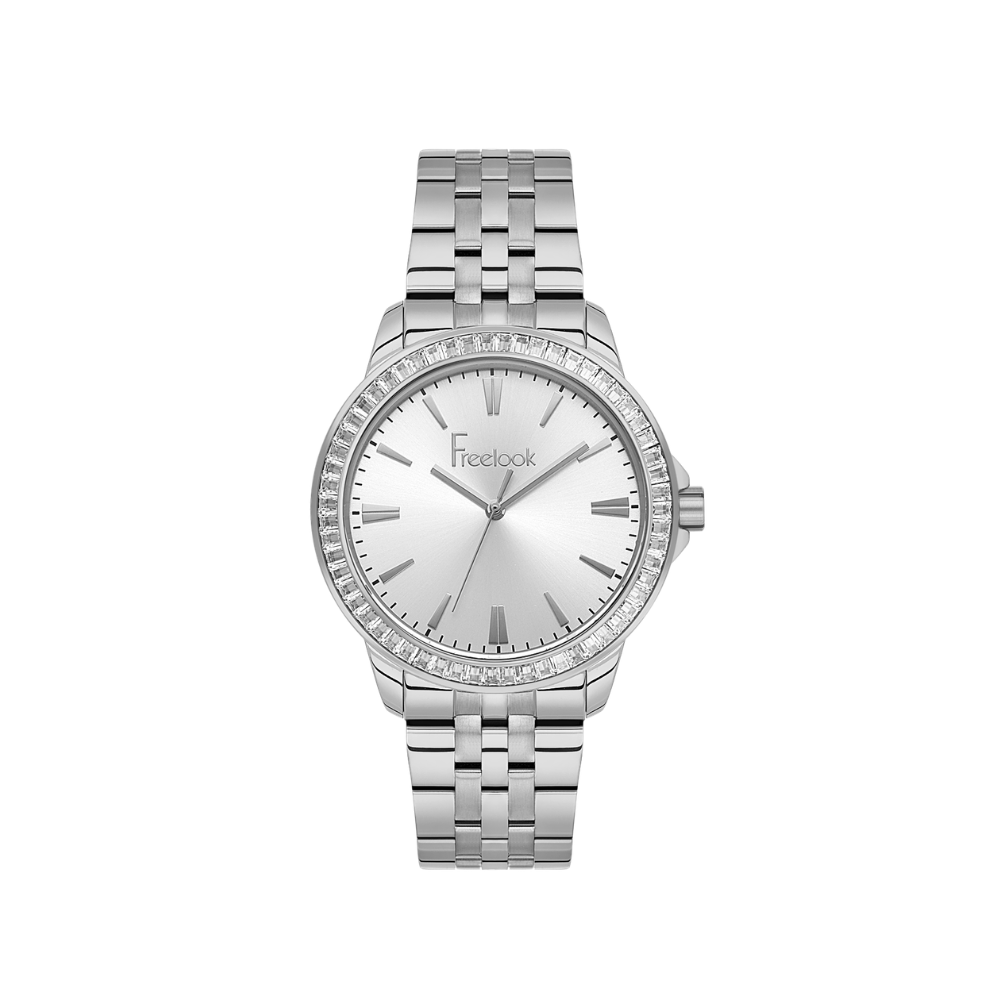 Freelook women's watch featuring a silver dial and stainless steel bracelet