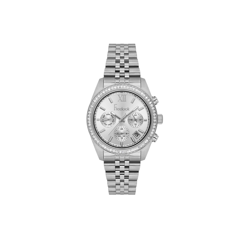 Freelook silver dial stainless steel women's wristwatch with polished bracelet