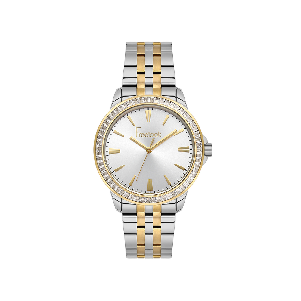 Freelook women's watch featuring a silver dial and two-tone stainless steel bracelet