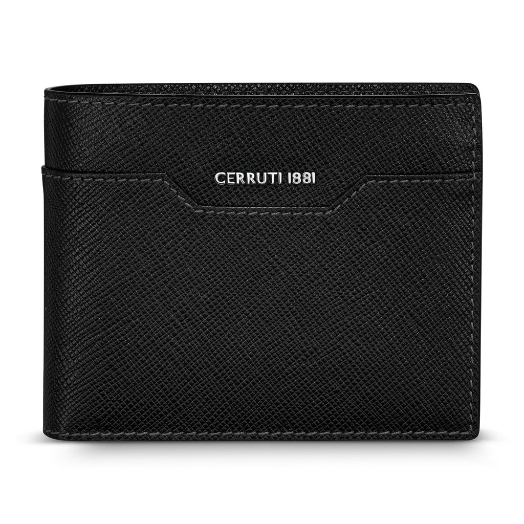 A direct front-facing studio shot of the closed Cerruti 1881 Croce men's black Saffiano leather bifold wallet, highlighting its silver metallic logo and signature geometric front pocket.